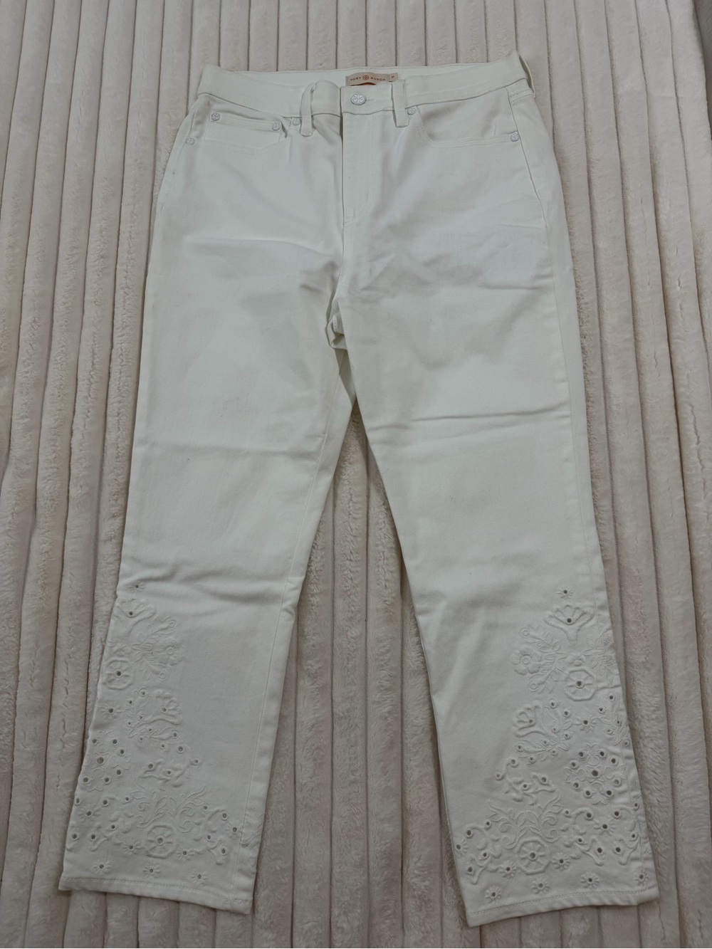 Tory Burch White Straight-Leg Jeans with Embroidered Hem
